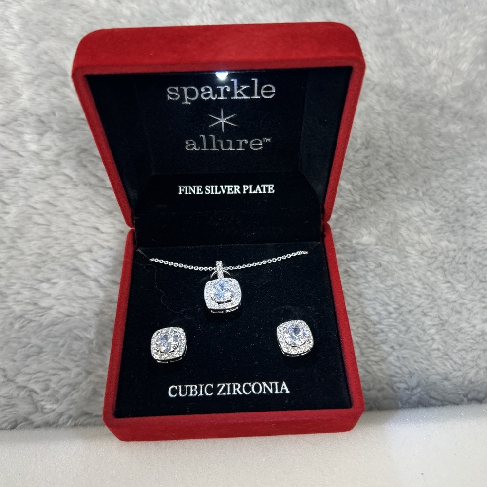 New Sparkle Allure Fine Silver Plate Cubic Zirconia Set Necklace and‎ Earrings